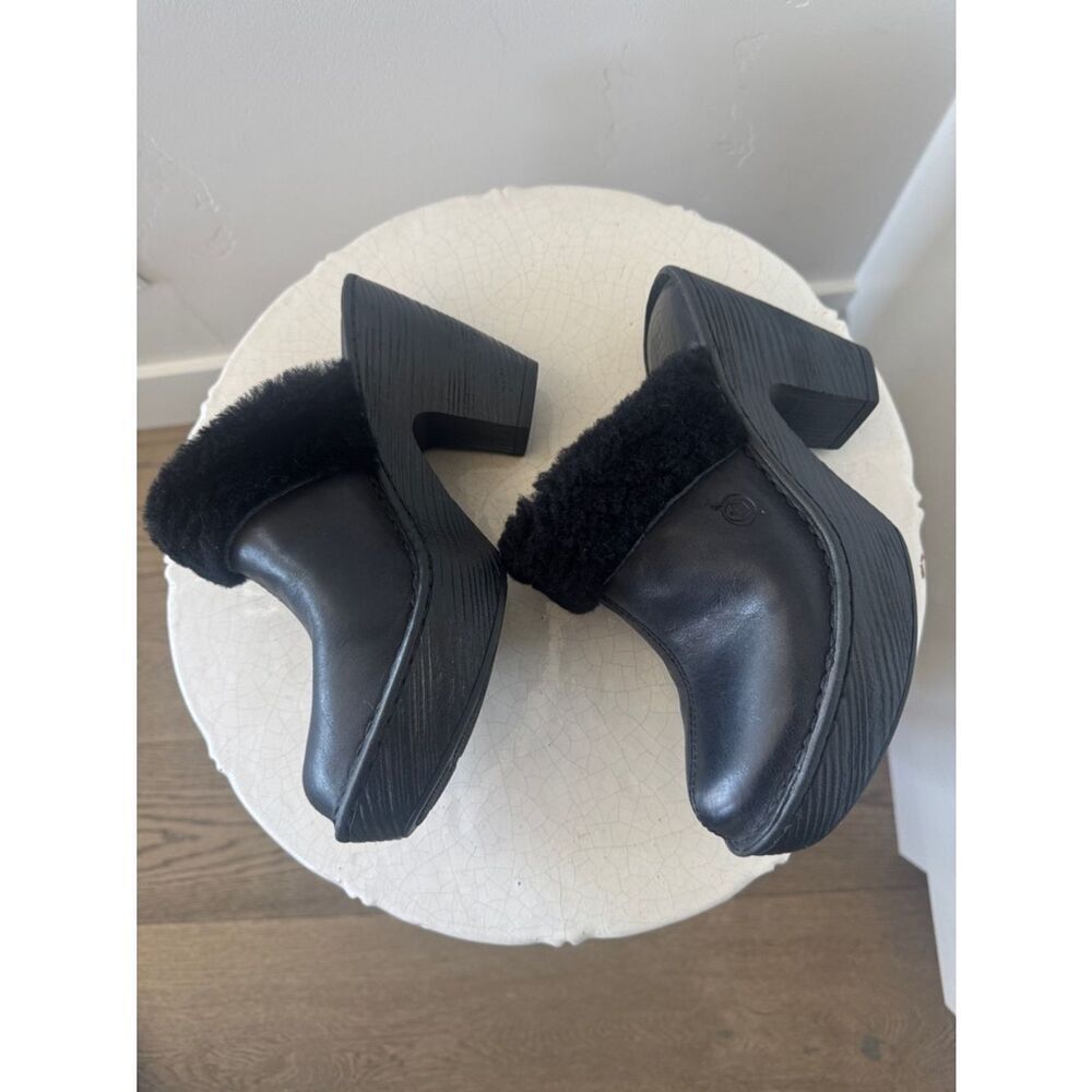 Born Women’s Black Leather Shearling-Trim Platform Mules Slip On Shoes Size 6 - Picture 4 of 11